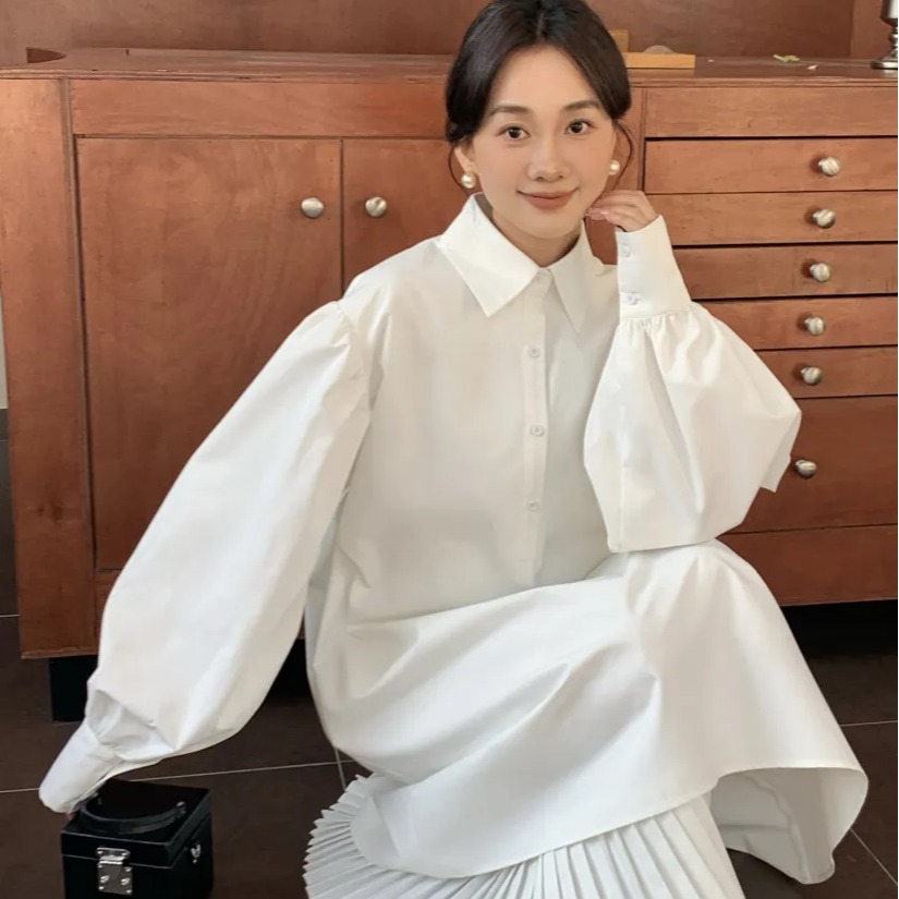 MICOCO！韩国东大门ins 小众设计感拼接百褶衬衫连衣裙女