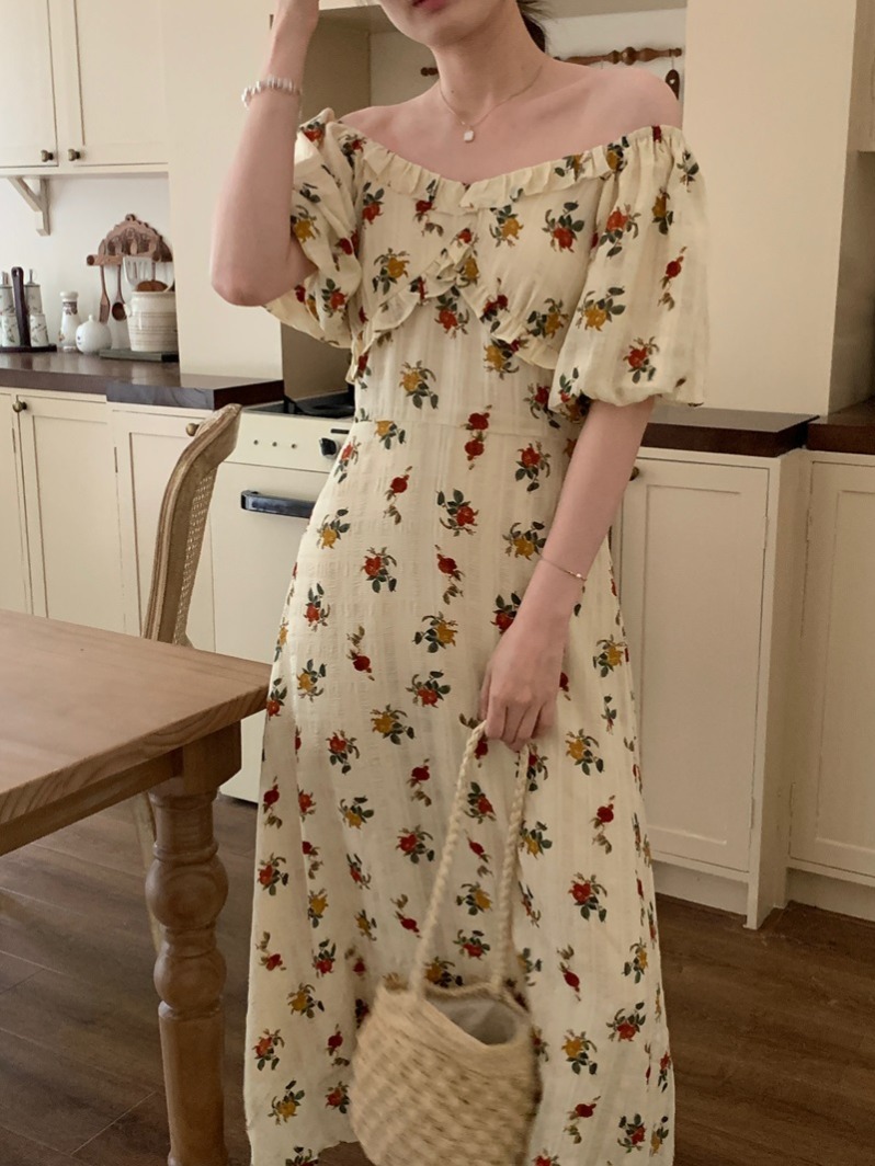 MICOCO！法式复古超美碎花两穿一字领露肩泡泡袖收腰显瘦连衣裙