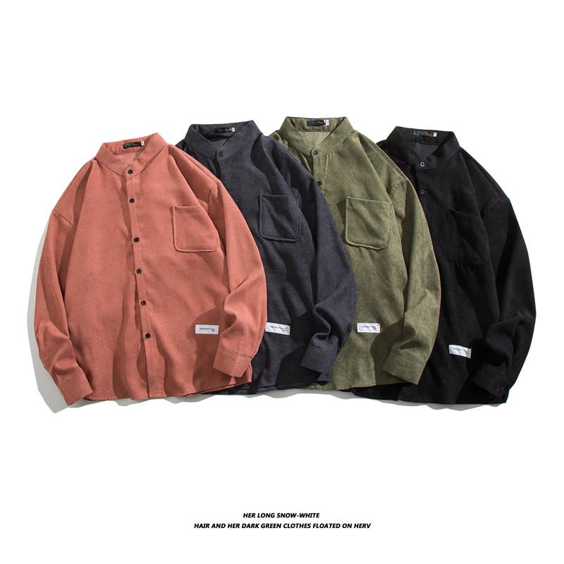 灯芯绒衬衫男2025秋冬简约纯色立领长袖衬衣潮牌时尚无领设计上衣