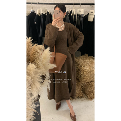 Ademe秋季新款两件套日常休闲慵懒基础款针织开衫+连衣裙套装8801