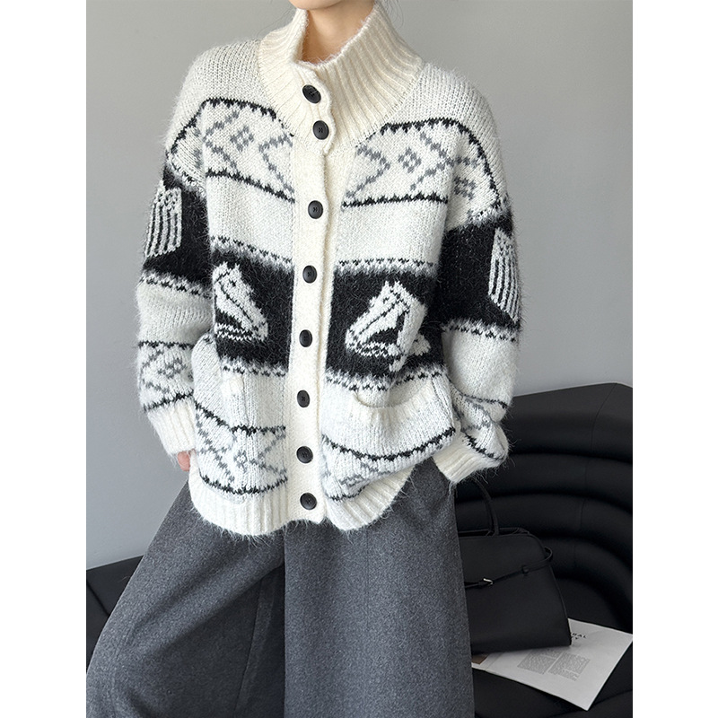 Ademe冬季新款韩系撞色羊毛上衣宽松外套宽松显瘦短外套C0899