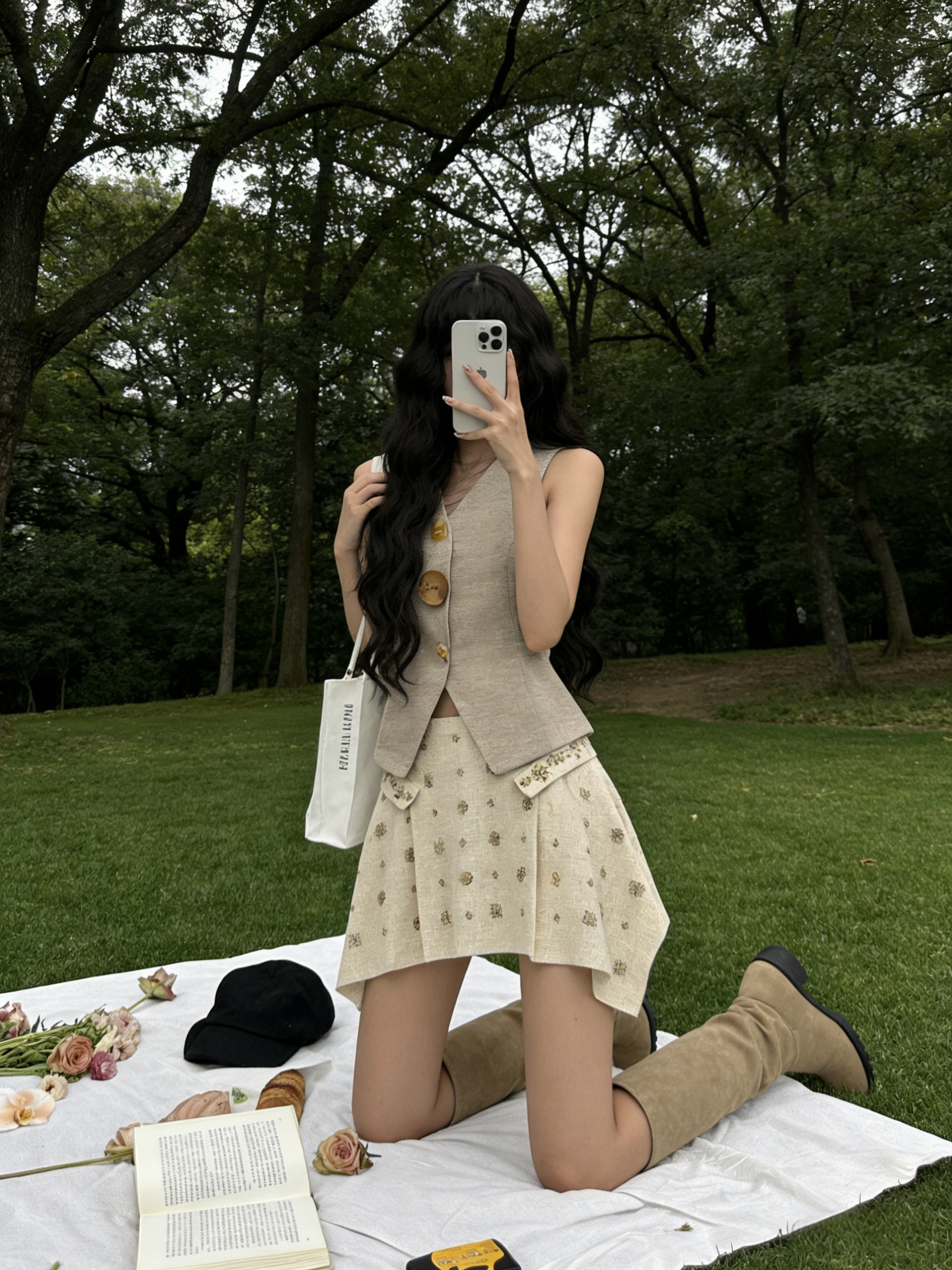 Ademe法式复古V领马夹背心半身裙女夏季设计感收腰显瘦短款两件套