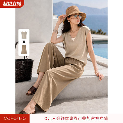 沫晗依美含亚麻小弯刀裤套装女