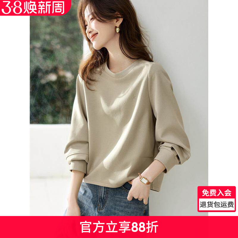 沫晗依美时尚松弛感休闲圆领上衣2026新款女士圆领长袖卫衣无帽女