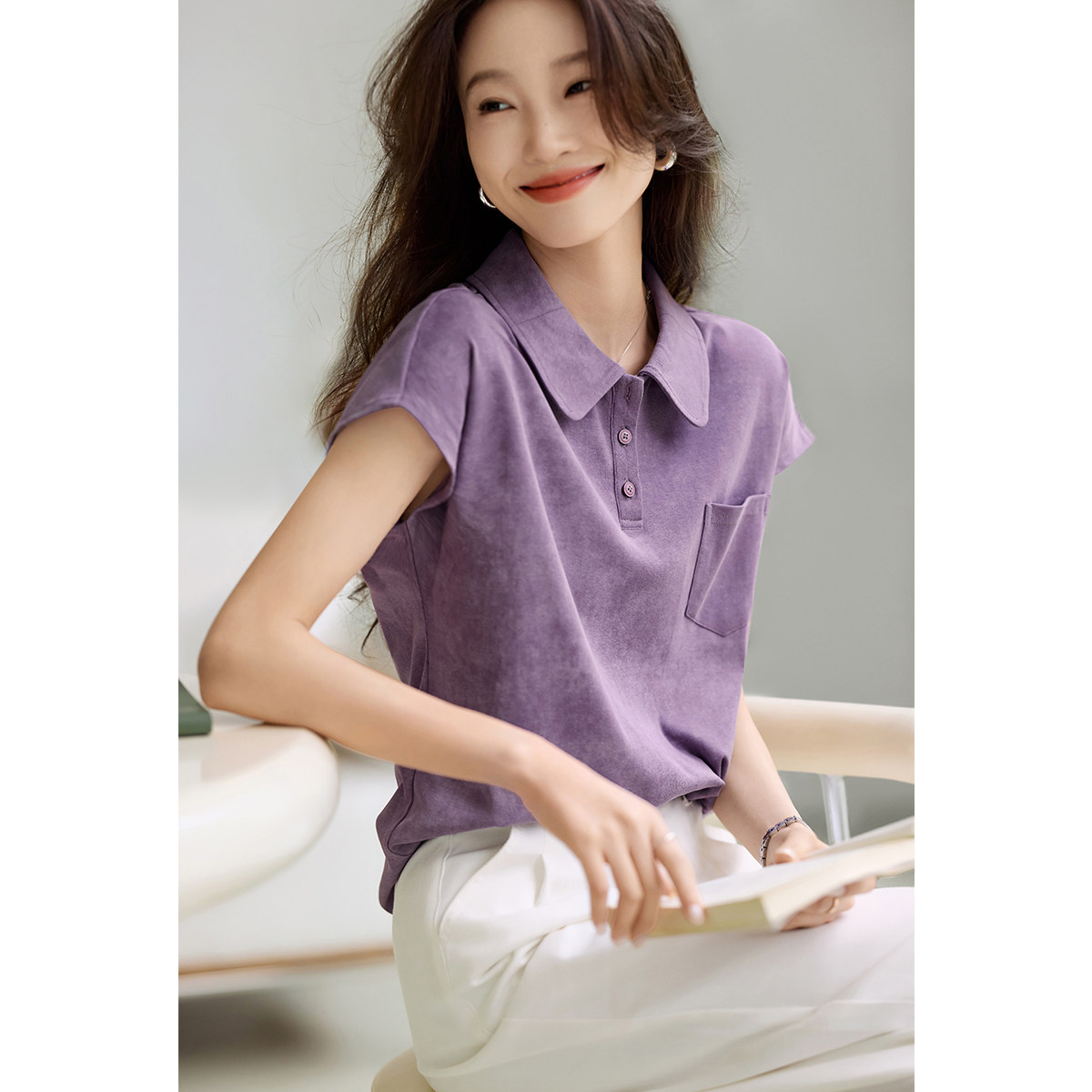 沫晗依美休闲POLO晕染风衬衫女T恤2026夏季新款休闲舒适百搭上衣