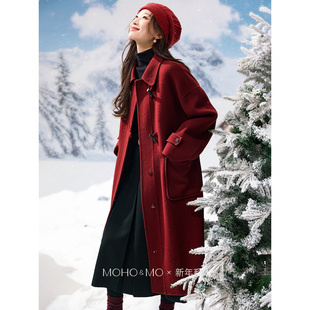 沫晗依美翻领贴袋长款羊毛双面呢大衣25冬季新款时尚百搭毛呢外套