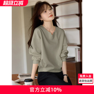 沫晗依美都市休闲宽松小V领收腰显瘦上衣春夏新款显白卫衣女春装