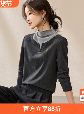沫晗依美智感OL假两件打底衫2025冬季设计感时髦刺绣保暖加厚T恤