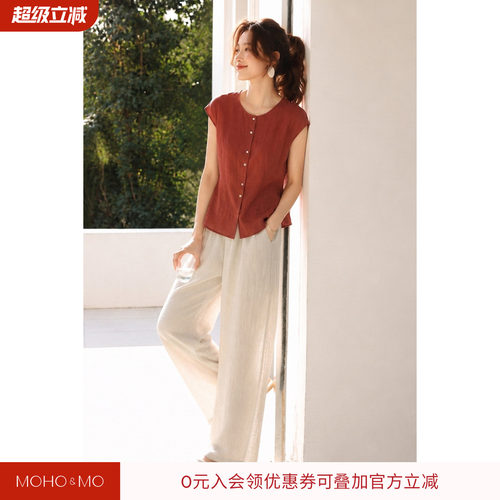 沫晗依美亚麻显瘦两件套套装女士