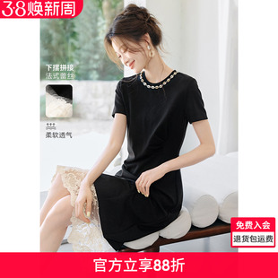 沫晗依美日常波西风连衣裙2025夏季新款法式拼接蕾丝收腰小黑裙女