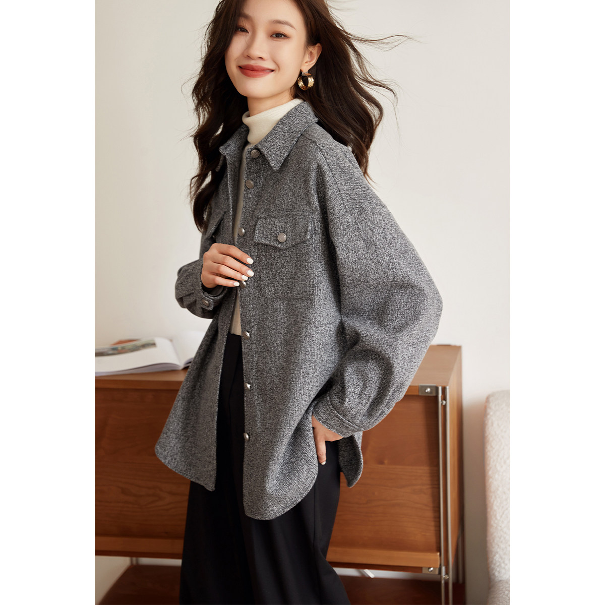 沫晗依美薄呢衬衫外套2026春新款宽松廓形大气加厚可叠穿衬衫外套