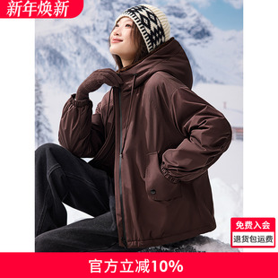 沫晗依美保暖显瘦连帽上衣2025冬季 外套 拼接毛帽花苞抽褶下摆工装