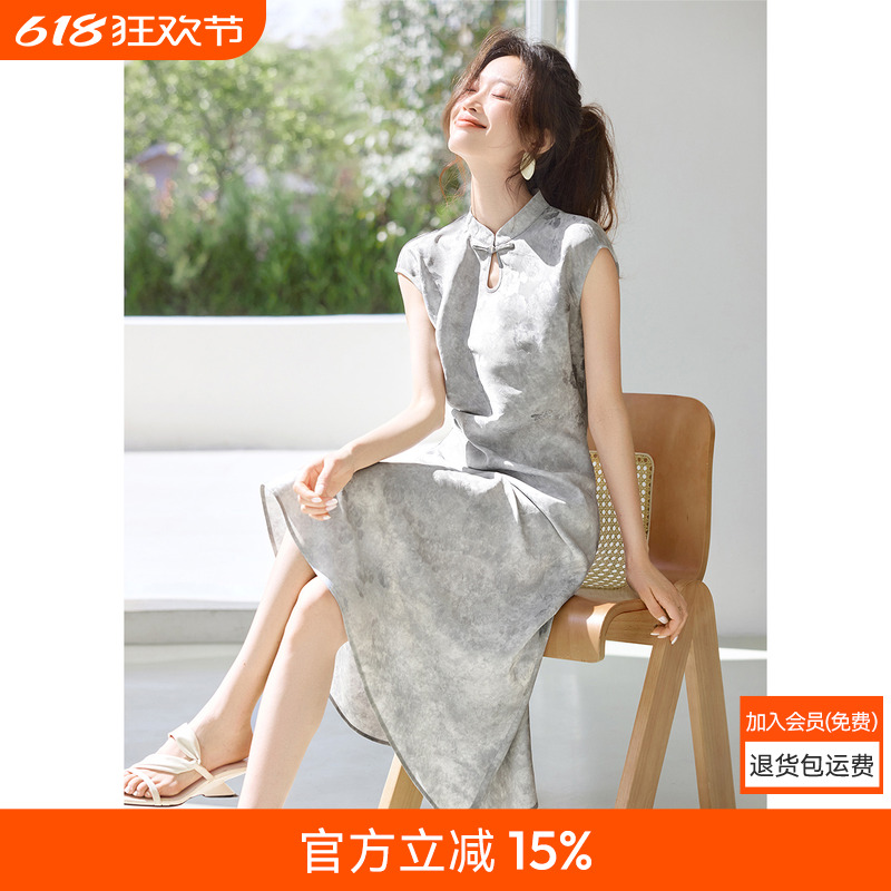 沫晗依美新派国韵裙子2025夏季新款缎面提花新中式旗袍鱼尾连衣裙