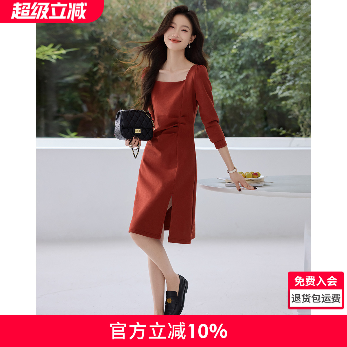 沫晗依美复古方领休闲连衣裙