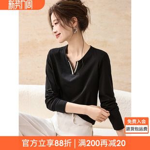 打底衫 沫晗依美小香风织带长袖 纯色显瘦百搭长袖 新款 T恤2025冬季