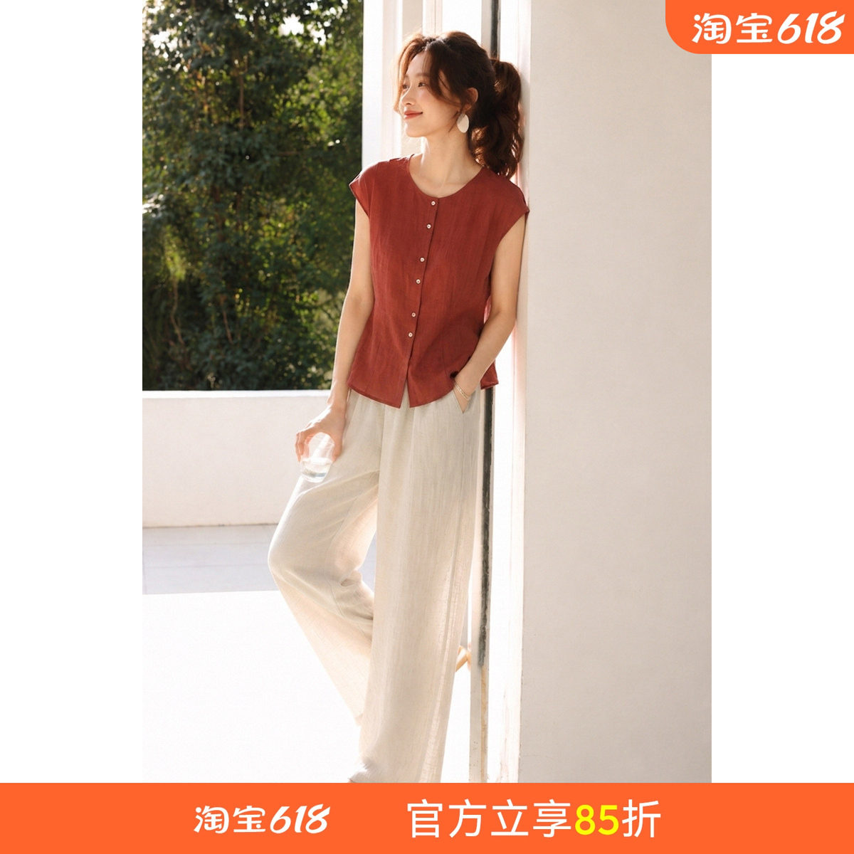 沫晗依美亚麻显瘦两件套套装女士