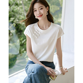 沫晗依美新中式 手工盘扣T恤 圆领连肩袖 设计感盘扣T恤2025夏季 新款