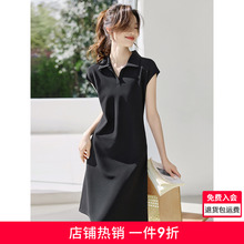 沫晗依美赫本风收腰显瘦polo小V领针织小黑裙2025夏季新款连衣裙