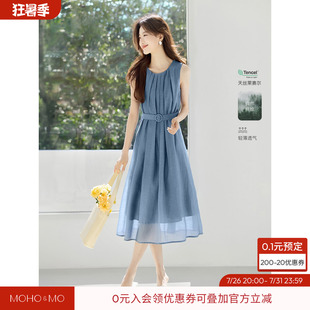 沫晗依美高级感气场系带收腰连衣裙2026夏季新款压褶A字连衣裙女