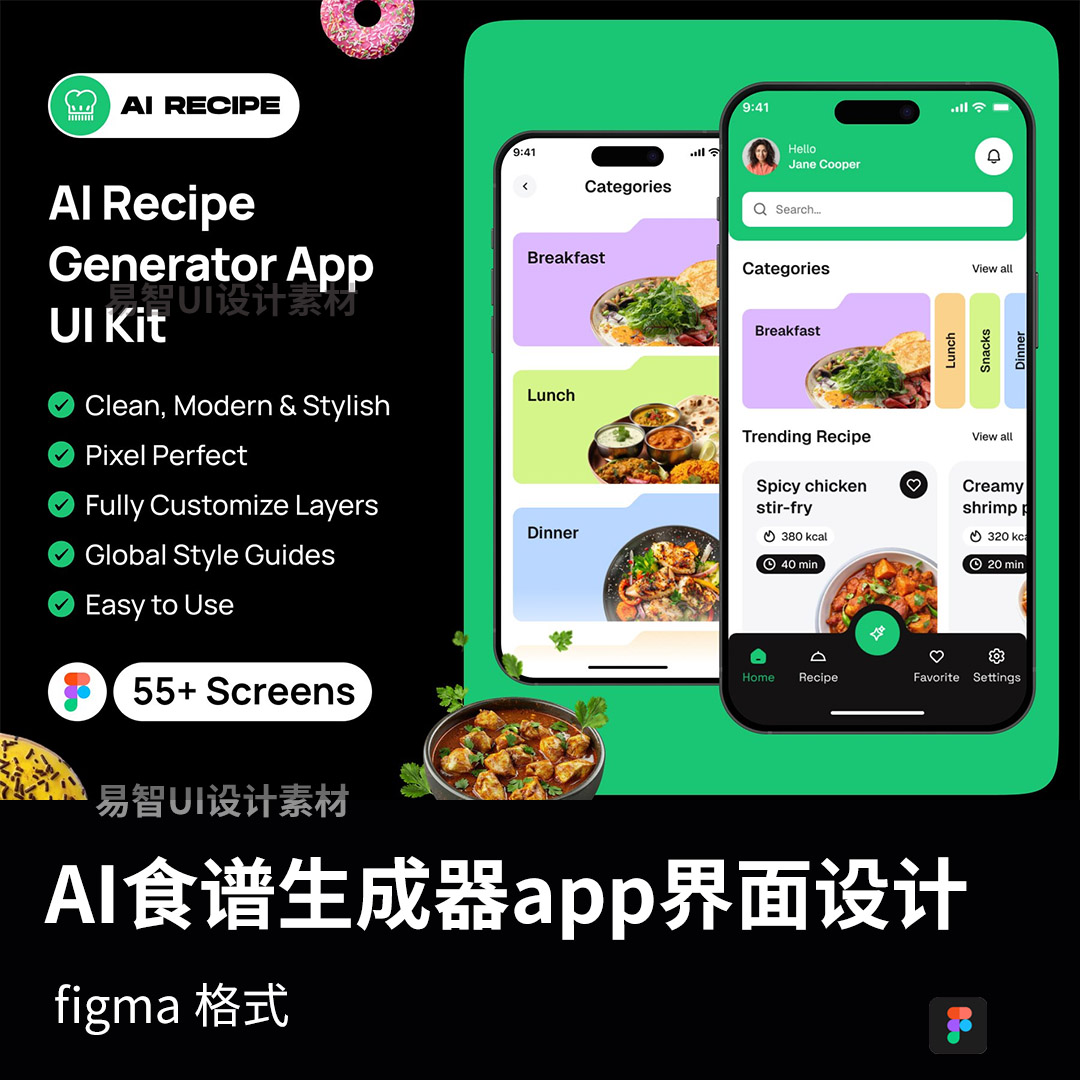 55页AI食谱生成器app界面设计figma源文件