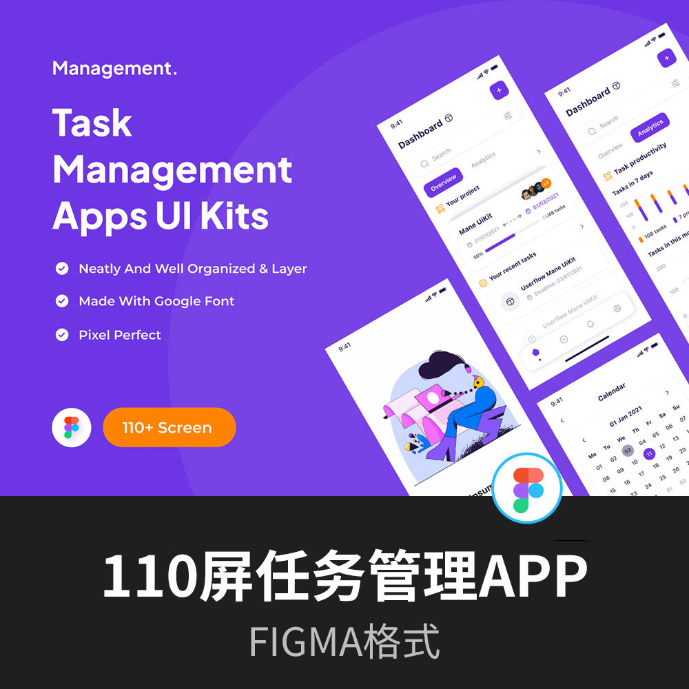 110屏任务管理app应用程序 UI 套件figma源文件