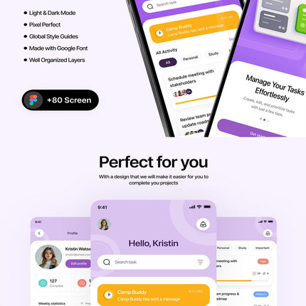 80页明暗色极简主义的待办事项列表APP UI设计Figma、Sketch格式