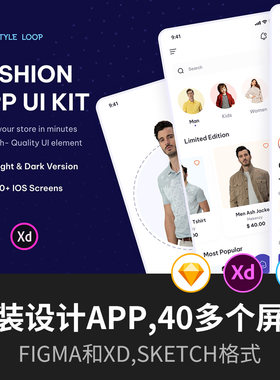 一款服装设计APP,包含40多个很棒的屏幕,兼容Figma和XD,sketch。