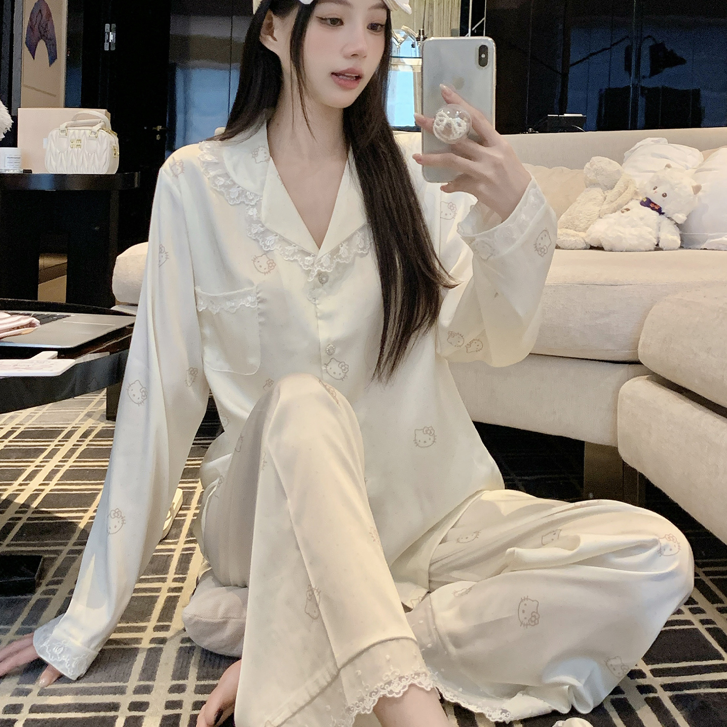 卡通可爱Kitty猫真丝睡衣女款甜美高级感家居服生日礼物送闺蜜