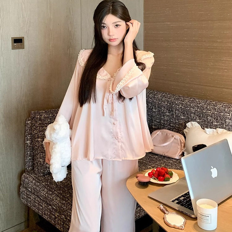 甜美风娃娃领真丝睡衣女长袖花边