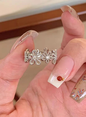 蕾丝花环戒指纯银镂空花朵闭口女食指环ins风简约小众轻奢百搭