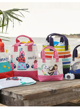 美国Pottery Barn kids学生防水帆布包纯棉儿童沙滩包购物袋卡通