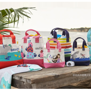 美国Pottery Barn kids学生防水帆布包纯棉儿童沙滩包购物袋卡通