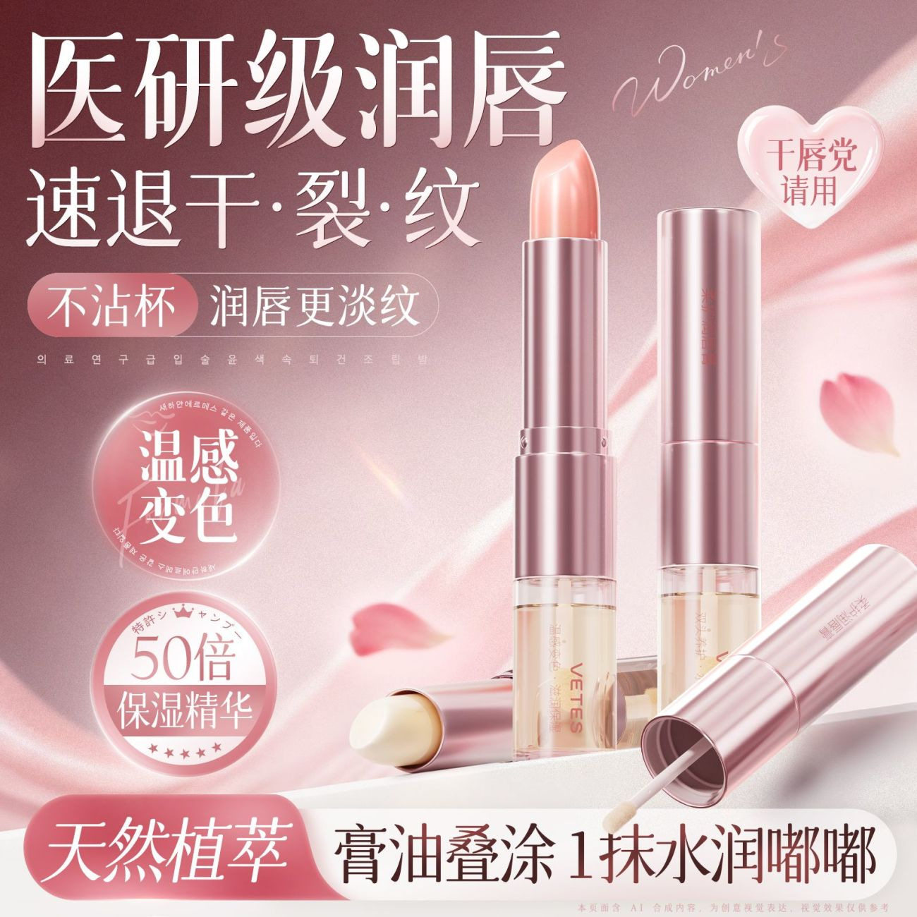 【优质品】VTS温变润唇膏补水保湿不油腻唇部精华油学生变色口红