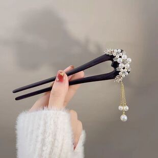 花朵新款 发簪 发钗钗女檀木珍珠后脑勺盘发古风高级感u型新中式