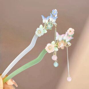 摇蝴蝶花朵高级感女发簪古风醋酸头饰新中式发饰发钗步盘发簪子