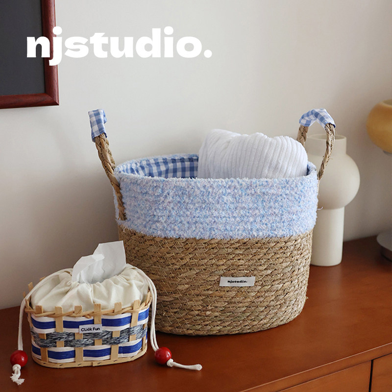 慵懒风家居多功能收纳筐日系草编大容量置物篮车载ins风整理桶新