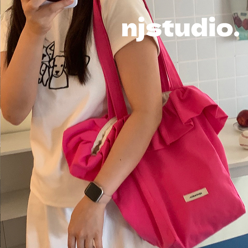 设计师小众时尚单肩托特包女文艺大容量玫红色上课通勤帆布包夏天