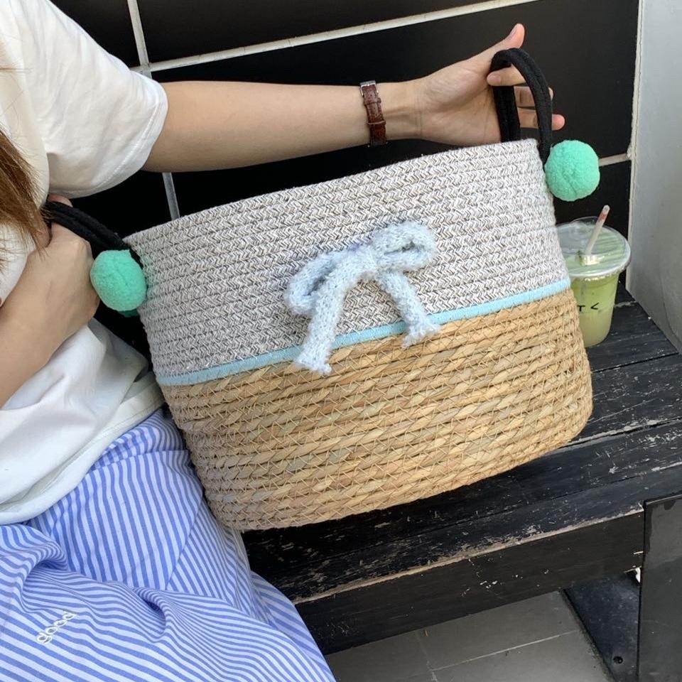 少女心浴室手提脏衣篓多巴胺草编