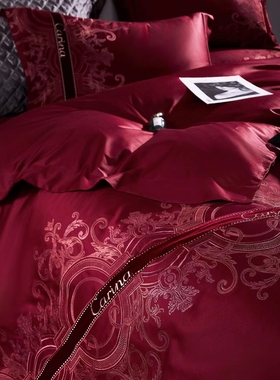 高货大红色高精密绣花四件套高端款棉中之王婚庆款