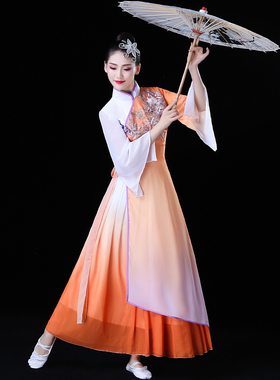 古典舞演出服女飘逸中国风现代长裙民族舞蹈落花伴舞伞扇子舞服装