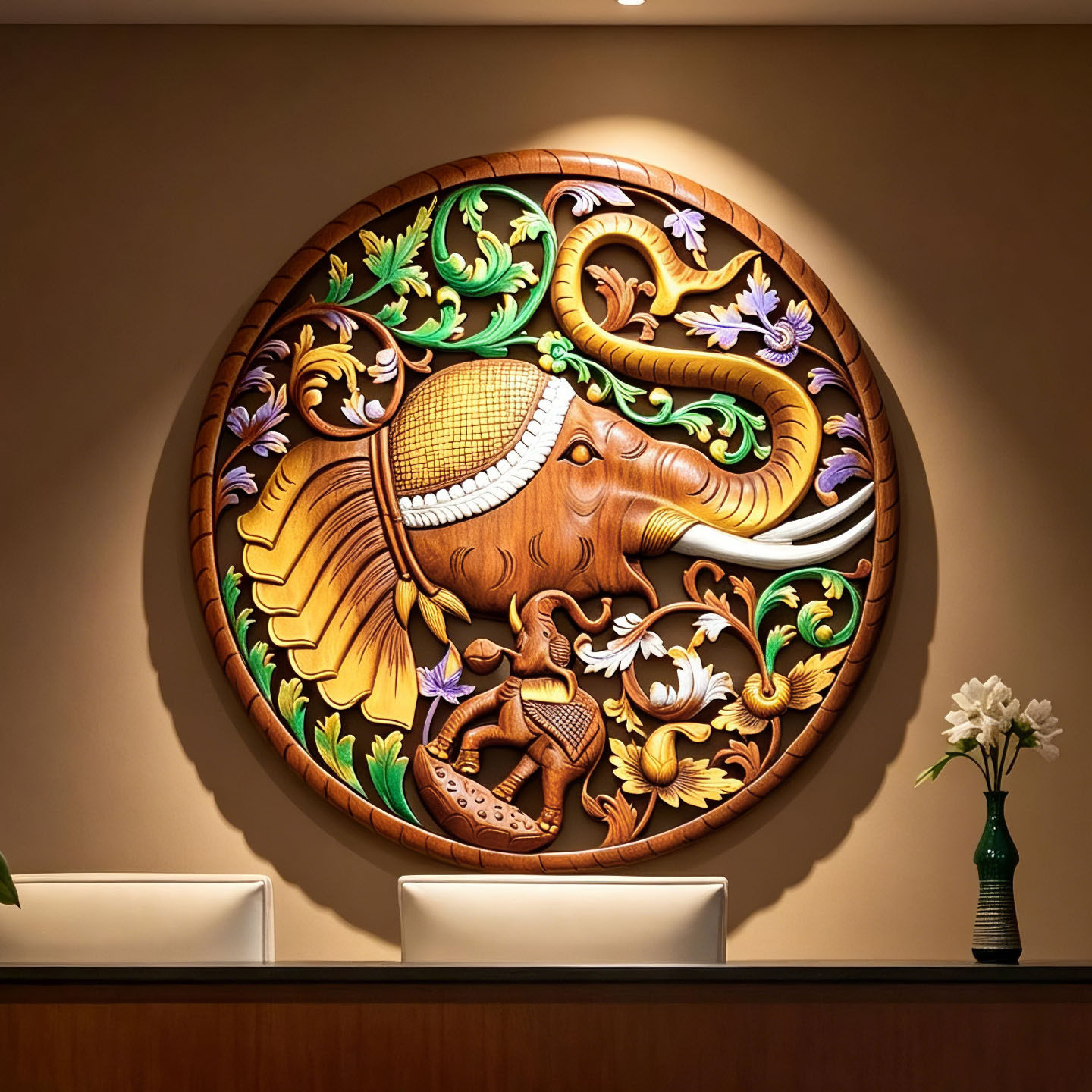 东南亚风格大象木雕雕花板圆形雕大象玄关入户壁饰手工装饰品花纹