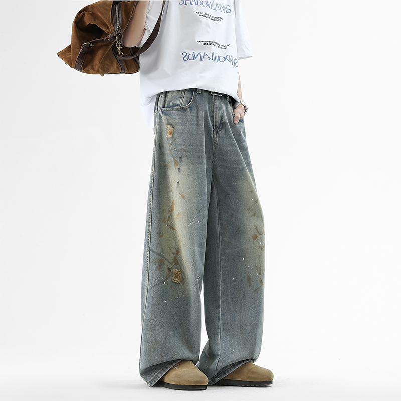 STA美式复古泼墨牛仔裤男长裤