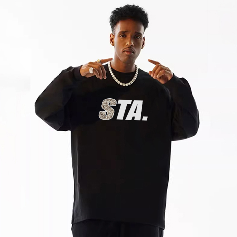 STA国潮纯棉字母印花长袖T恤