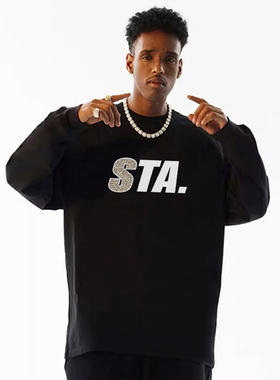 STA国潮纯棉字母印花长袖T恤男士黑色宽松休闲套头高街上衣基础款