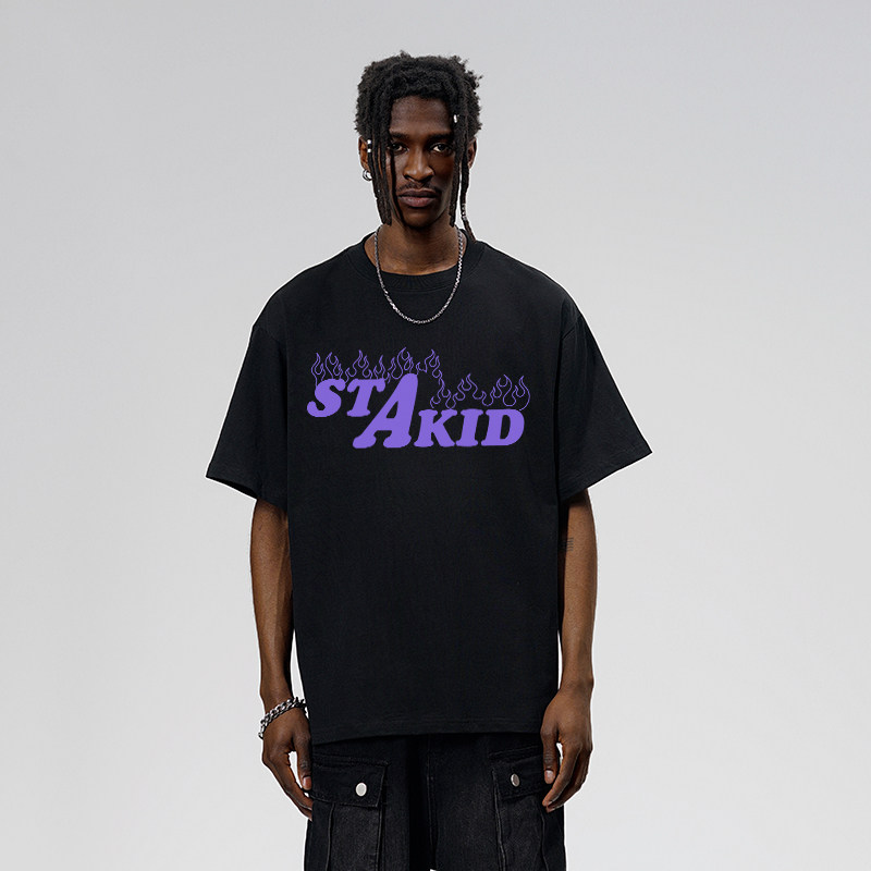 STA美式高街潮牌火焰字母印花T恤