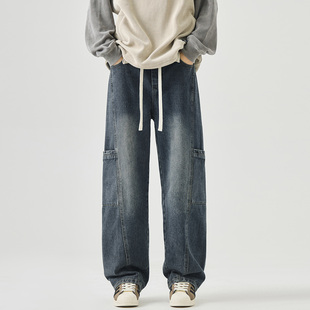 裤 STA美式 多口袋潮牌高街工装 男宽松抽绳阔腿长裤 复古水洗牛仔裤