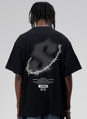 STA夏季国潮牌ins带刺铁丝幻影宽松纯棉圆领休闲情侣短袖T恤男女