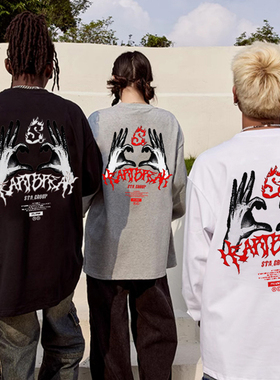 STA秋季骨手召唤S火纯棉长袖T恤男国潮美式街头宽松oversize上衣