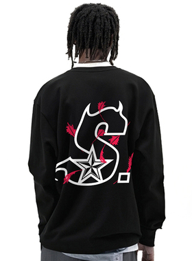 STA牛角羽毛S印花长袖T恤男女情侣夏季国潮宽松美式复古打底上衣