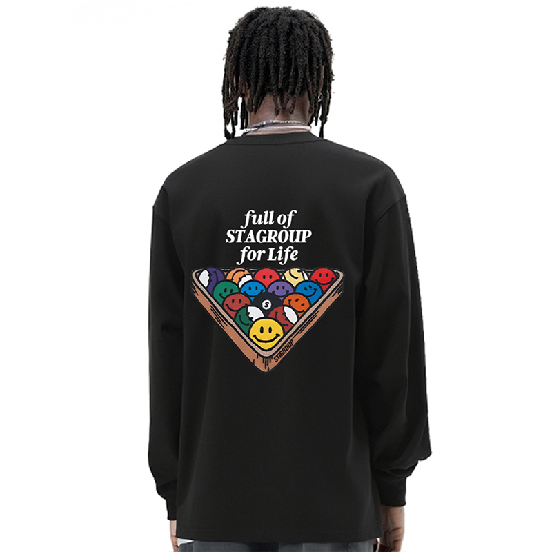 STA美式笑脸台球宽松重磅长袖T恤男女国潮纯棉情侣体恤春秋打底衫